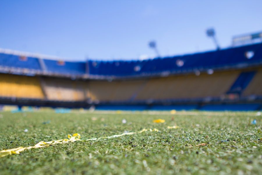 Interior of empty soccer field.