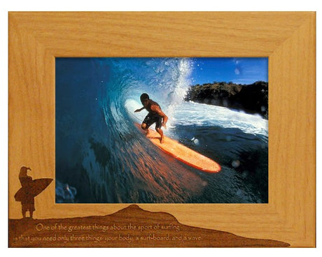 Wooden engraved frame of surfing destination