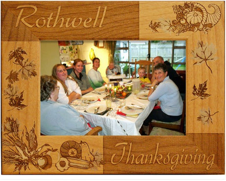 Family Thanksgiving Reverse has a beautiful engraved harvest motif and the option to personalize with a family name.