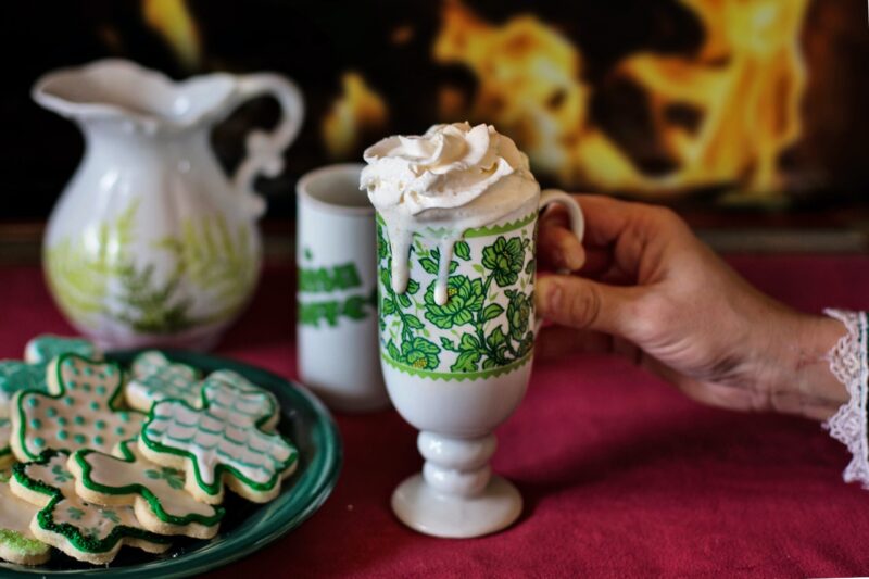 Irish coffee with whipped cream and Irish cookies.