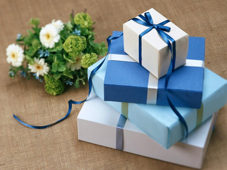 Presents wrapped in blue and white.