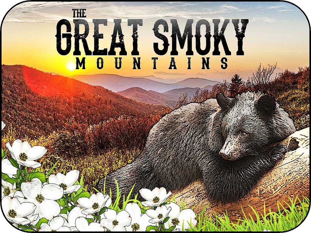 The GreatSmoky Mountains Log Black Bear & Dogwood Flowers Dot of Sunshine