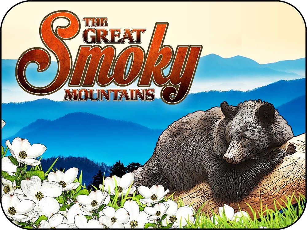 The Great Smoky Mountains Log Black Bear & Dogwood Flowers