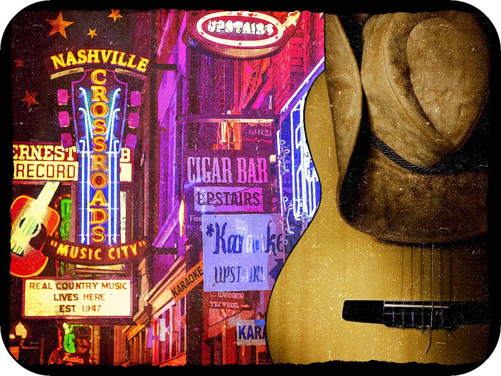 Nasvhille Tennessee Night Street Scene Guitar & Hat