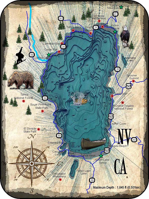 Lake Tahoe California Rustic Map